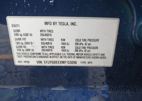 2021 Tesla Model Y Long Range Dual Motor All-Wheel Drive z USA, uszkodzony, nr VIN 5YJYGDEEXMF153096